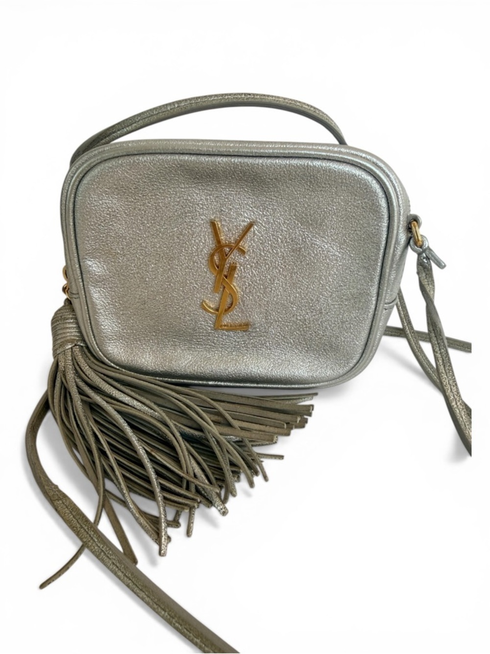 Saint Laurent Metallic Silver Camera Crossbody with Fringe Zipper Pull